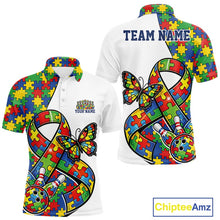Load image into Gallery viewer, Men’s bowling polo shirt mockup front and back displaying white shirt with large autism awareness ribbon filled with puzzle pattern, butterfly, and bowling strike artwork