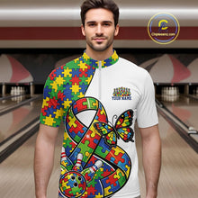 Load image into Gallery viewer, Inside Bowling Center, Front View Male Model Wearing White Quarter-Zip Shirt, Autism Ribbon Puzzle Artwork With Butterfly And Dynamic Bowling Strike Scene