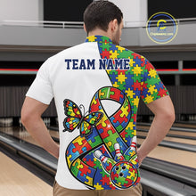 Load image into Gallery viewer, At Bowling Lane, Front View Male Model In White Quarter-Zip Shirt Showcasing Autism Puzzle Ribbon Design, Butterfly Accent And Bowling Action Graphics