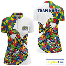 Load image into Gallery viewer, Front and back view of a women’s quarter-zip bowling shirt mockup in white, featuring autism awareness ribbon filled with puzzle pattern, colorful butterfly, and bowling strike scene.