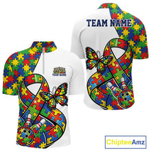 Load image into Gallery viewer, Front And Back View Of Mens Bowling Quarter-Zip Mockup In White, Featuring Autism Ribbon Filled With Puzzle Pattern, Butterfly Detail And Bowling Ball Striking Pins