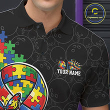 Load image into Gallery viewer, Close-up left chest detail of black bowling polo shirt featuring autism ribbon puzzle emblem with butterfly and bowling strike accents