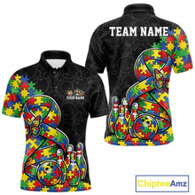 Load image into Gallery viewer, Men’s bowling polo shirt mockup front and back showcasing large autism awareness ribbon filled with puzzle pattern, colorful butterfly, and bowling ball striking pins on black shirt