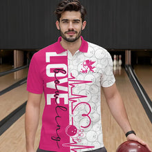 Load image into Gallery viewer, White And Pink Custom Love Bowling Polo Shirts For Men, Valentines Couple Bowling Jerseys IPHW8325