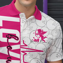 Load image into Gallery viewer, White And Pink Custom Love Bowling Polo Shirts For Men, Valentines Couple Bowling Jerseys IPHW8325