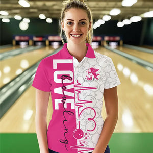 White And Pink Custom Love Bowling Polo Shirts For Women, Valentines Couple Bowling Jerseys IPHW8325