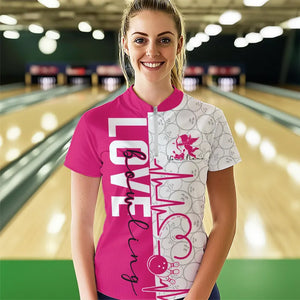 White And Pink Custom Love Bowling Womens Quarter-Zip Shirt, Valentine Bowling Jersey IPHW8325