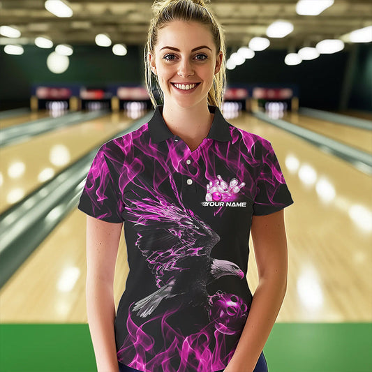 Custom Black And Pink Flame Eagle Bowling Team Women Polo Shirt, Eagle Bowling League Shirt IPHW8800