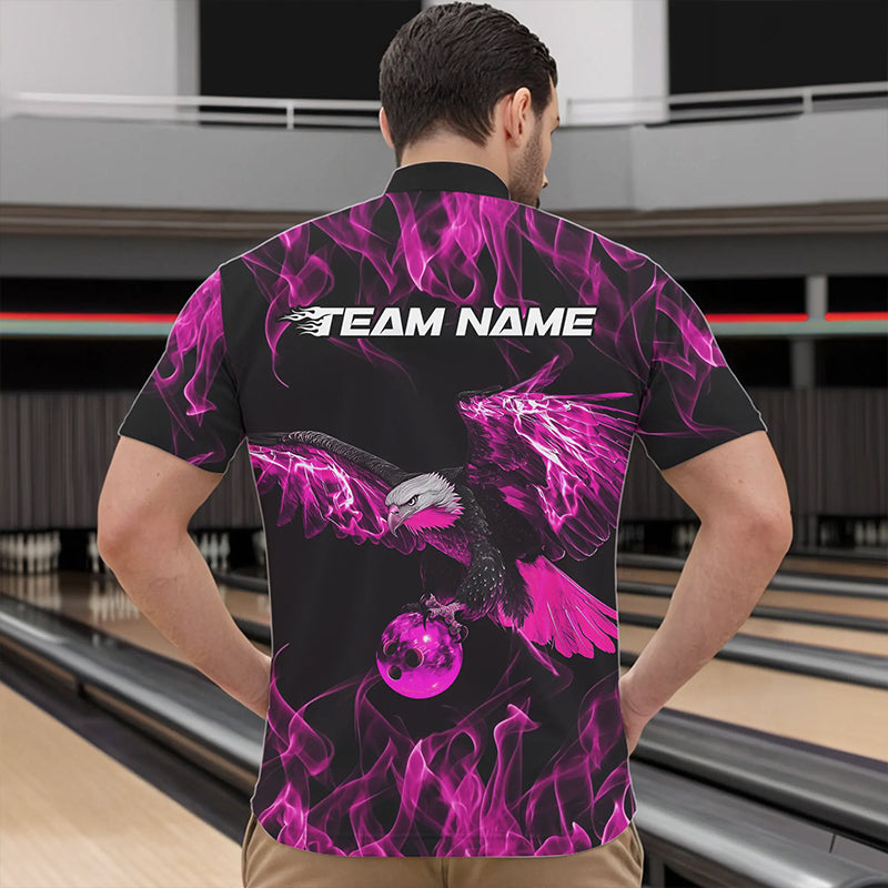 Custom Black And Pink Flame Eagle Bowling Team Men Quarter-Zip Shirts, Eagle Bowling League Shirt IPHW8800