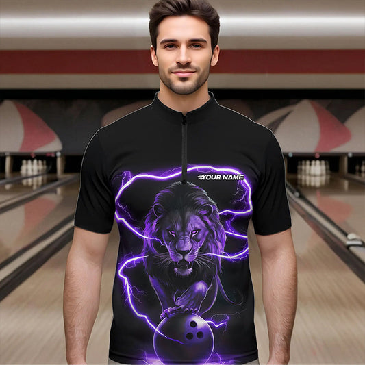 Custom Black And Purple Thunder Lightning Lion Bowling Quarter-Zip Shirts For Men, Team Uniform IPHW8802