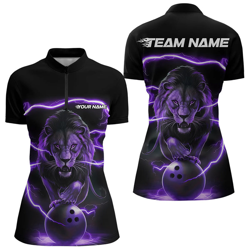 Custom Black Purple Thunder Lightning Lion Bowling Women Quarter-Zip Shirt, Team Uniform IPHW8802