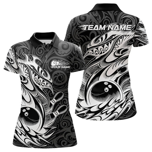 Custom Black And White Tribal Polynesian Bowling Women Polo Shirts, Niho Mano Bowling Shirt IPHW8812