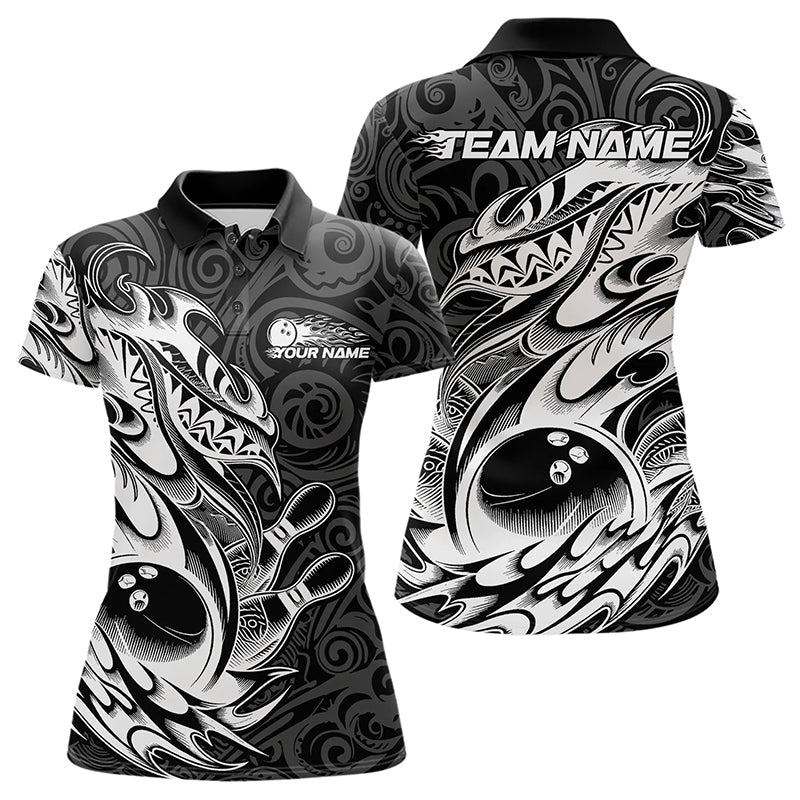 Custom Black And White Tribal Polynesian Bowling Women Polo Shirts, Niho Mano Bowling Shirt IPHW8812