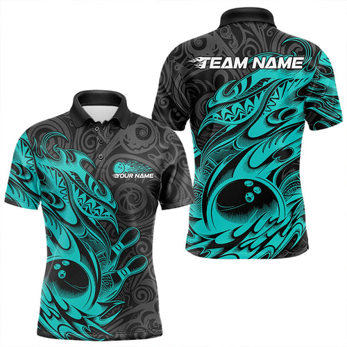 Custom Black And Blue Tribal Polynesian Bowling Team Men Polo Shirts, Niho Mano Bowling Shirt IPHW8813