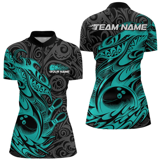 Custom Black And Blue Tribal Polynesian Bowling Team Women Quarter-Zip Shirts Team Uniform IPHW8813