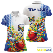 Load image into Gallery viewer, Women’s polo shirt mockup front and back showing puzzle pattern bowling with butterfly and swirling ribbon accents on white and blue fabric