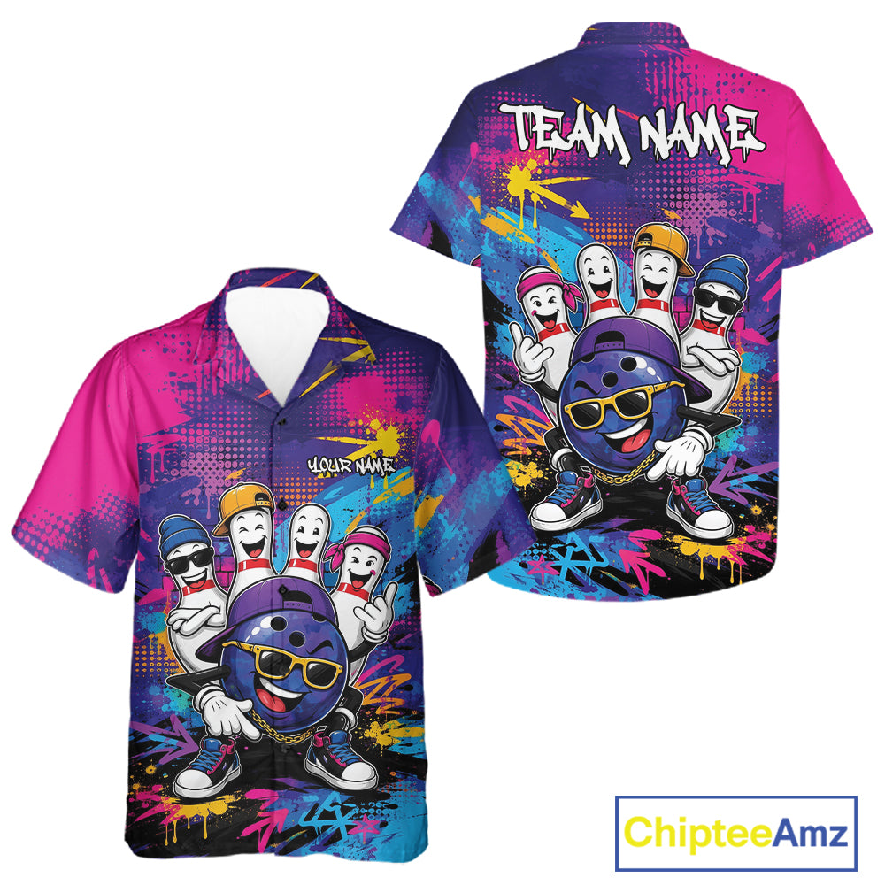 Custom Funny Colorful Hiphop Bowling Men And Women Button Up Team Shirt, Graffity Bowling Jerseys IPHW11801