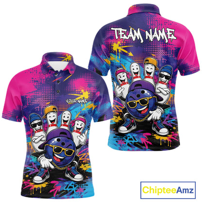Custom Funny Colorful Hiphop Bowling Men Polo Team Shirt, Graffity Bowling Jerseys IPHW11801