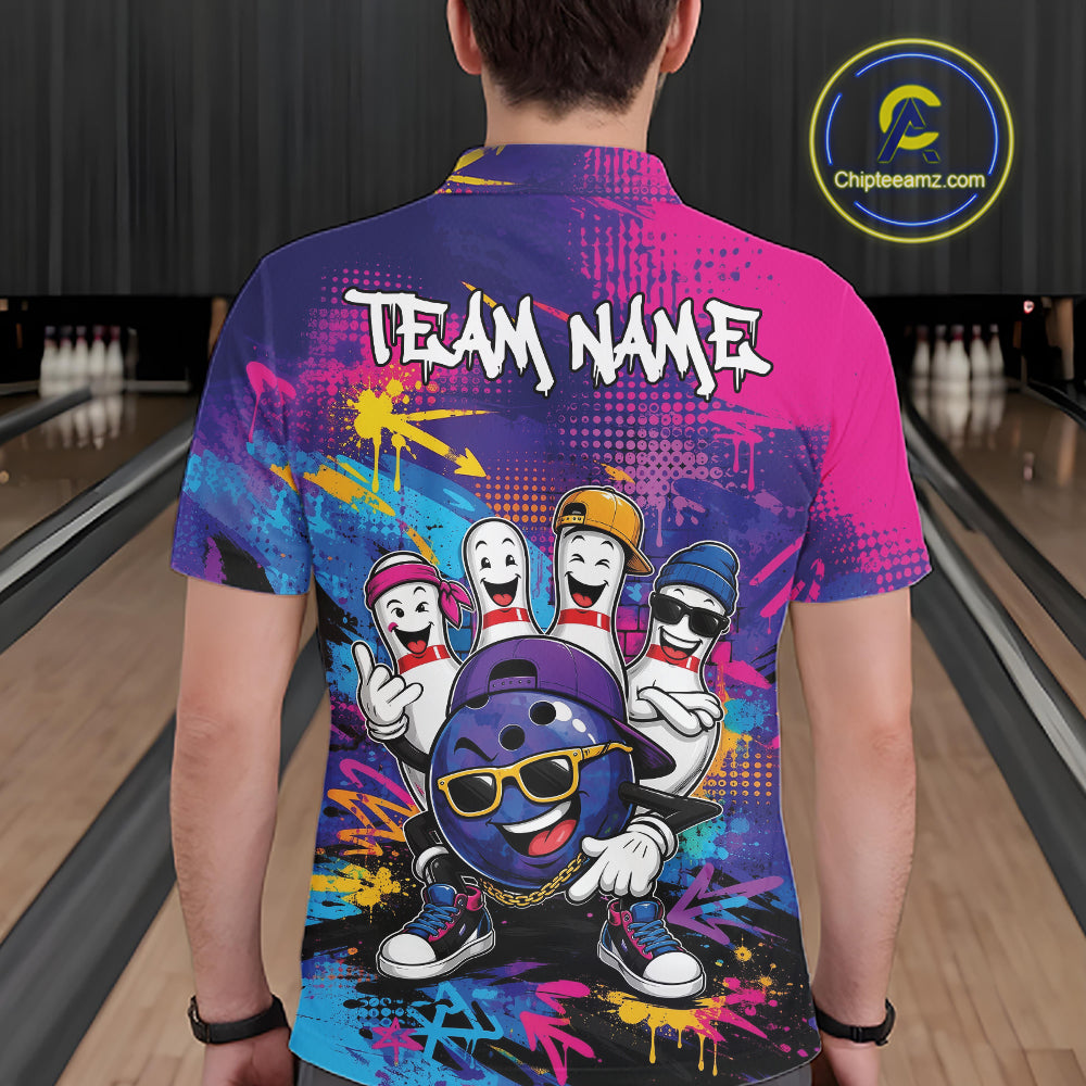 Custom Funny Colorful Hiphop Bowling Men Polo Team Shirt, Graffity Bowling Jerseys IPHW11801