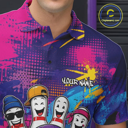 Custom Funny Colorful Hiphop Bowling Men Polo Team Shirt, Graffity Bowling Jerseys IPHW11801
