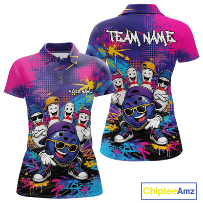 Custom Funny Colorful Hiphop Bowling Women Polo Team Shirt, Graffity Bowling Jerseys IPHW11801
