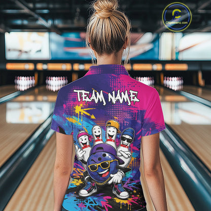 Custom Funny Colorful Hiphop Bowling Women Polo Team Shirt, Graffity Bowling Jerseys IPHW11801