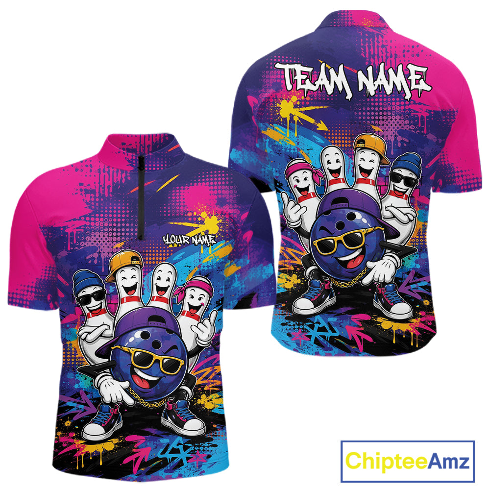 Custom Funny Colorful Hiphop Bowling Men Quarter Zip Team Shirt, Graffity Bowling Jerseys IPHW11801