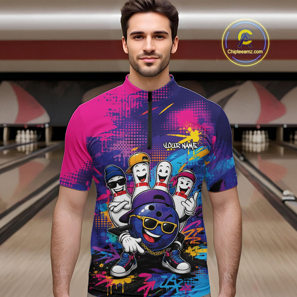 Custom Funny Colorful Hiphop Bowling Men Quarter Zip Team Shirt, Graffity Bowling Jerseys IPHW11801