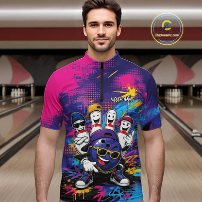 Custom Funny Colorful Hiphop Bowling Men Quarter Zip Team Shirt, Graffity Bowling Jerseys IPHW11801