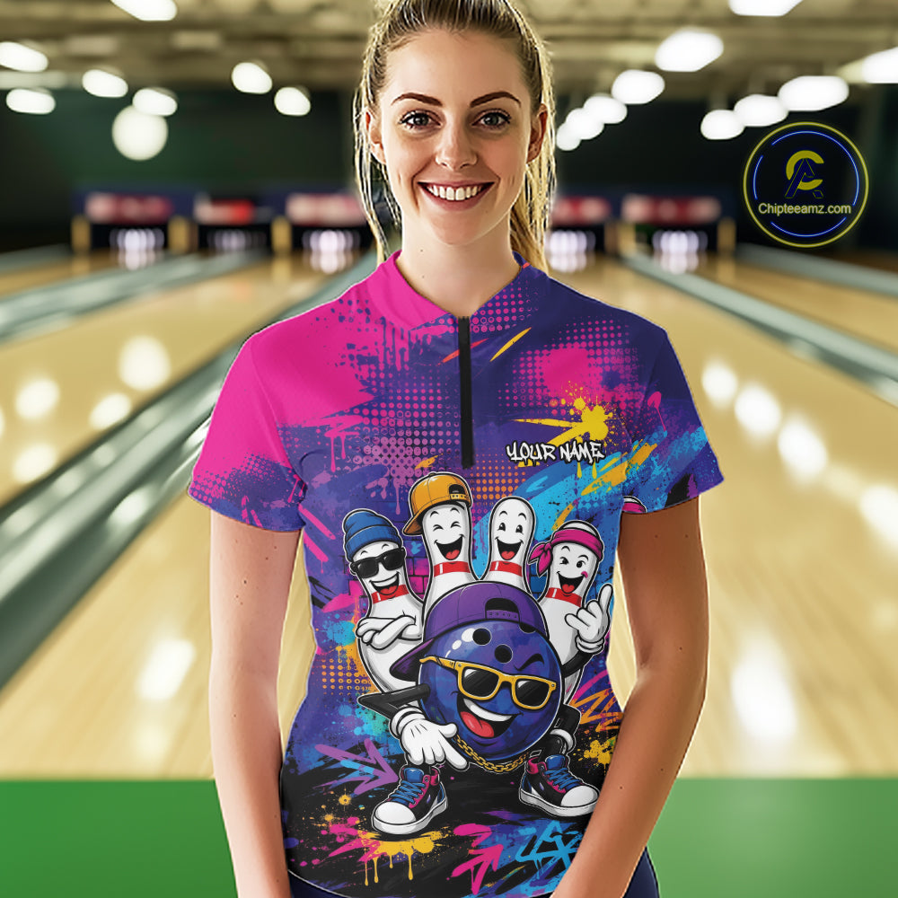 Custom Funny Colorful Hiphop Bowling Women Quarter-Zip Shirt, Graffity Bowling Jerseys IPHW11801