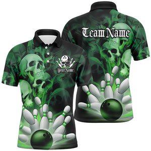 Black And Green Custom Skull Bowling Shirts For Men, Gothic Bowling Team Shirt Halloween Outfits IPHW7673