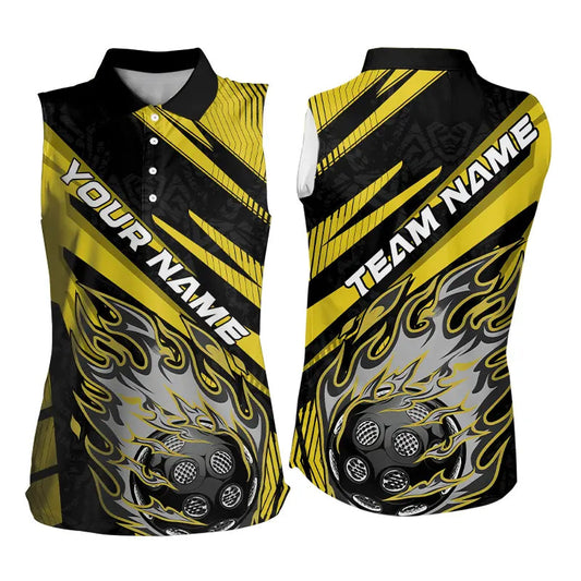 Black And Yellow Custom Flame Pickleball Women's Sleeveless Polo Shirts, Pickleball Jerseys IPHW8103