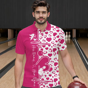 Pink Bowling Heartbeat Pulse Line Custom Valentines Day Bowling Polo Shirts For Men IPHW8332