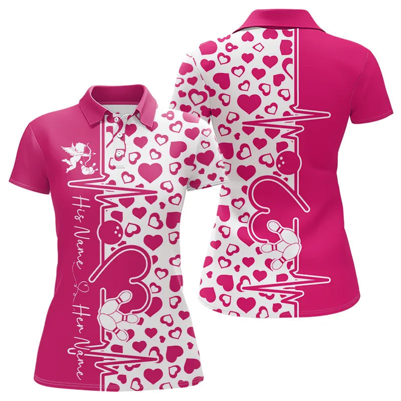 Pink Bowling Heartbeat Pulse Line Custom Valentines Day Bowling Polo Shirts For Women IPHW8332