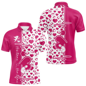 Pink Bowling Heartbeat Pulse Line Custom Valentines Day Bowling Polo Shirts For Men IPHW8332