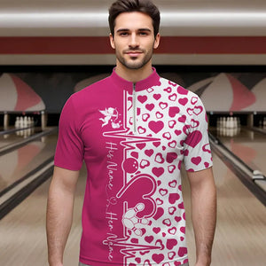 Pink Bowling Heartbeat Pulse Line Custom Valentines Day Bowling Quarter-Zip Shirts For Men IPHW8332