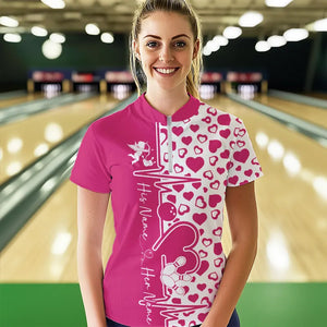 Pink Bowling Heartbeat Pulse Line Custom Valentines Day Bowling Quarter-Zip Shirt For Women IPHW8332