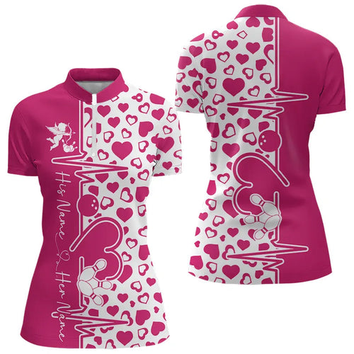 Pink Bowling Heartbeat Pulse Line Custom Valentines Day Bowling Quarter-Zip Shirt For Women IPHW8332