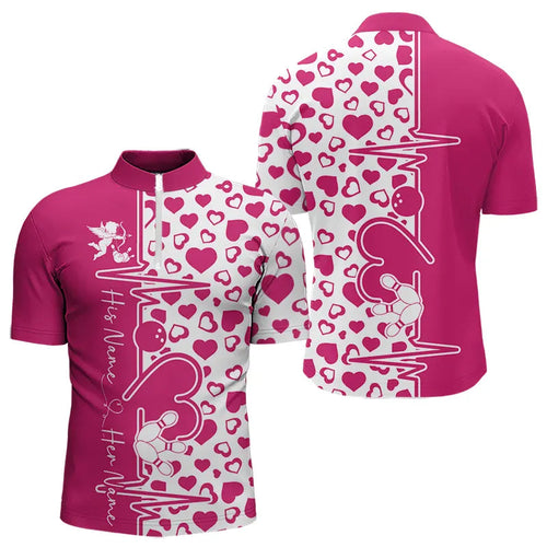 Pink Bowling Heartbeat Pulse Line Custom Valentines Day Bowling Quarter-Zip Shirts For Men IPHW8332