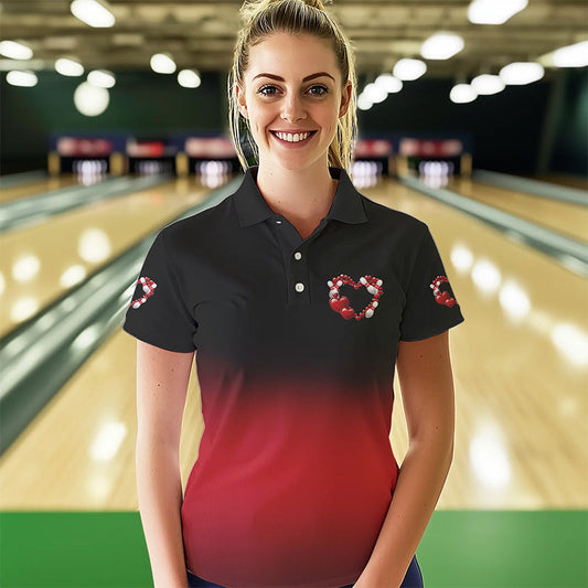 Black And Red Custom Valentines Day Bowling Polo Shirts For Women, Bowling Couple Shirt IPHW8334