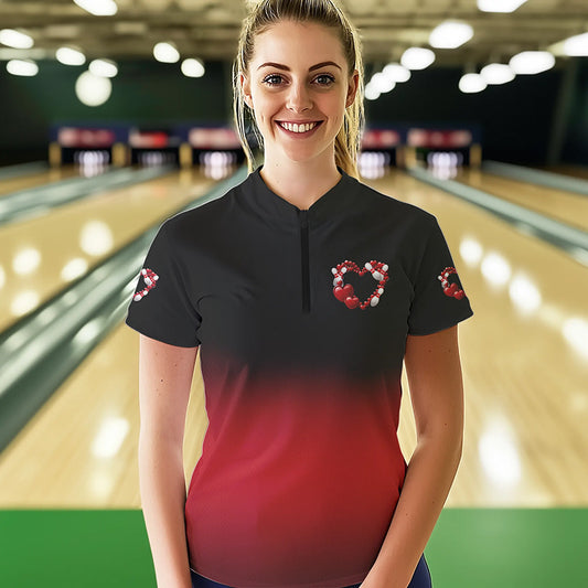 Black And Red Custom Valentines Day Bowling Womens Quarter-Zip Shirts, Bowling Couple Shirt IPHW8334