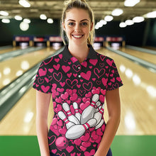 Load image into Gallery viewer, Black And Pink Heart Custom Valentines Bowling Polo Shirt For Women, Couple Bowling Shirt IPHW8337