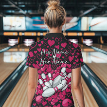 Load image into Gallery viewer, Black And Pink Heart Custom Valentines Bowling Polo Shirt For Women, Couple Bowling Shirt IPHW8337