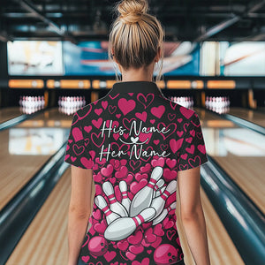 Black And Pink Heart Custom Valentines Bowling Polo Shirt For Women, Couple Bowling Shirt IPHW8337