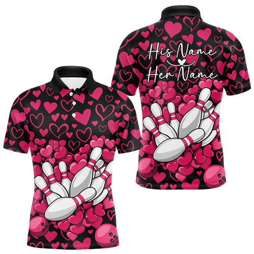 Black And Pink Heart Theme Custom Valentines Bowling Polo Shirt For Men, Couple Bowling Shirt IPHW8337