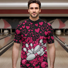 Load image into Gallery viewer, Black And Pink Heart Theme Custom Valentines Bowling Quarter-Zip Shirt For Men, Couple Bowling Shirt IPHW8337