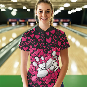 Black And Pink Heart Theme Custom Valentines Couple Bowling Quarter-Zip Shirt For Women IPHW8337