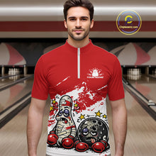 Load image into Gallery viewer, Male model at a bowling lane wearing a red and white quarter-zip shirt, playful boxing bowling ball and pin artwork with bold sporty tone.