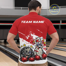 Load image into Gallery viewer, Male model in a bowling lane wearing a red and white quarter-zip shirt, cartoon boxing bowling strike design with dynamic action feel.