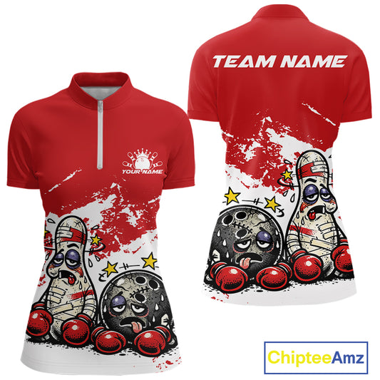 Front and back view of a women’s quarter-zip bowling shirt mockup in red and white, featuring boxing-style bowling ball and pin graphics.
